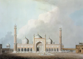 Jummah Musjed, Dillí, deska XXIII z „Oriental Scenery“, publikovaná v roce 1797 (barevná akvatinta)
